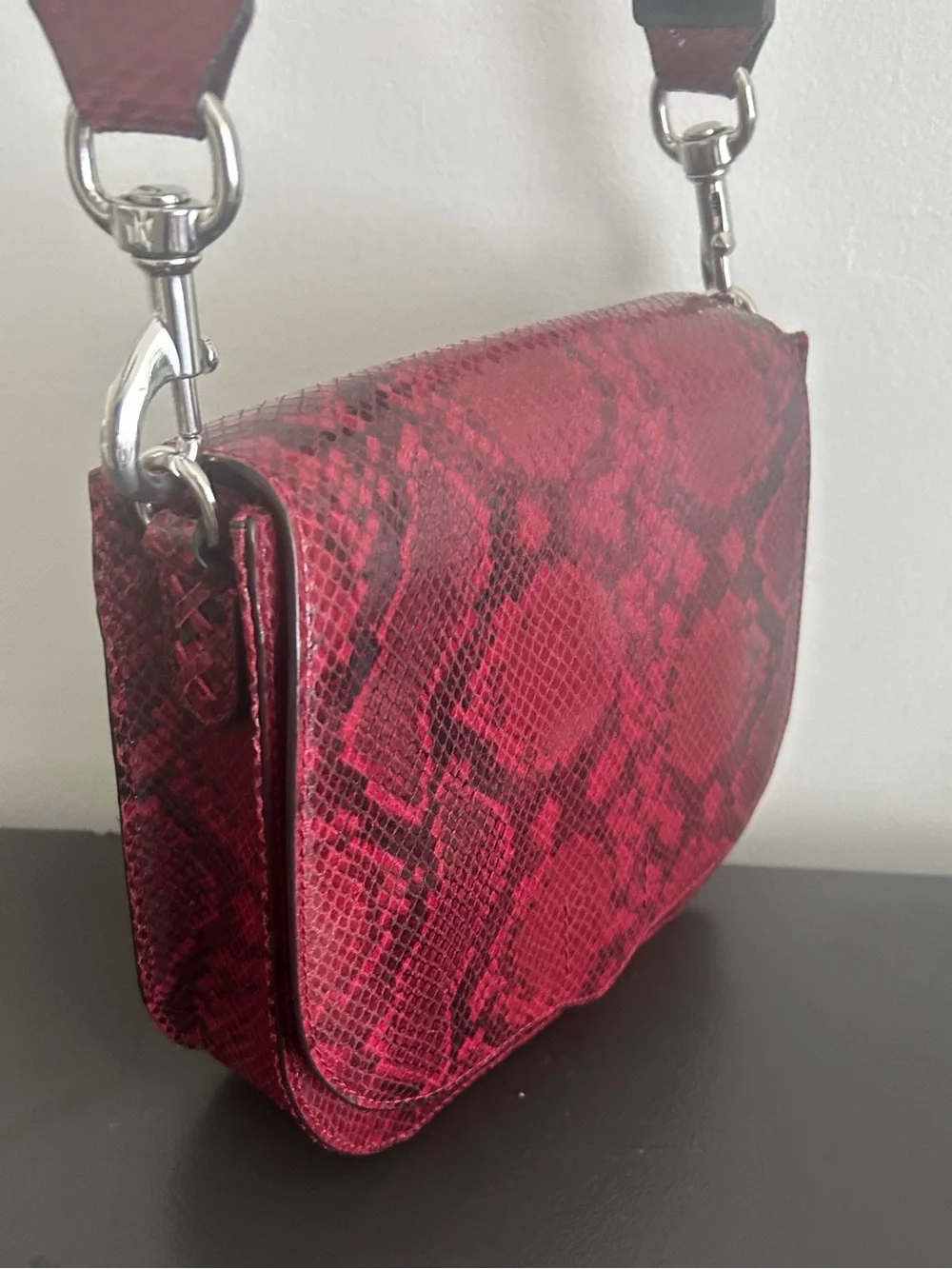 Rebecca Minkoff Red Python Embossed Leather Saddle Crossbody Snake Print Bag